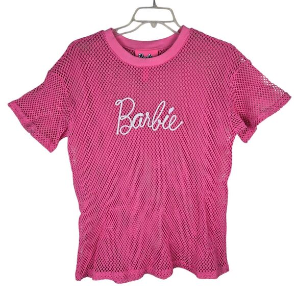 Forever 21 x Barbie Netted Net Mesh Pink T-Shirt Top Halloween Sz M - Picture 1 of 3